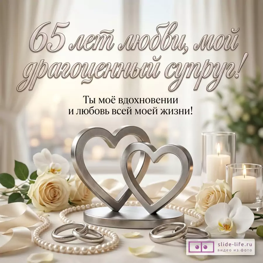 Бежевая открытка с драпировками, белыми розами, орхидеями, жемчужной нитью, бокалами, обручальными кольцами и двумя серебристыми сердцами, текст: «65 лет любви, мой драгоценный супруг! Восхищаюсь красотой союза, ставшего истинным достоянием души.»