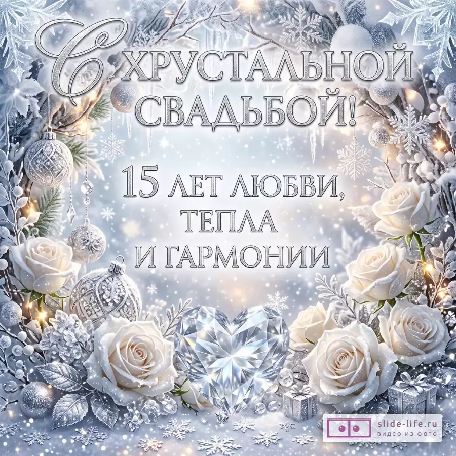 Открытка на годовщину свадьбы 15 лет — хрустальная свадьба в роскошном стиле