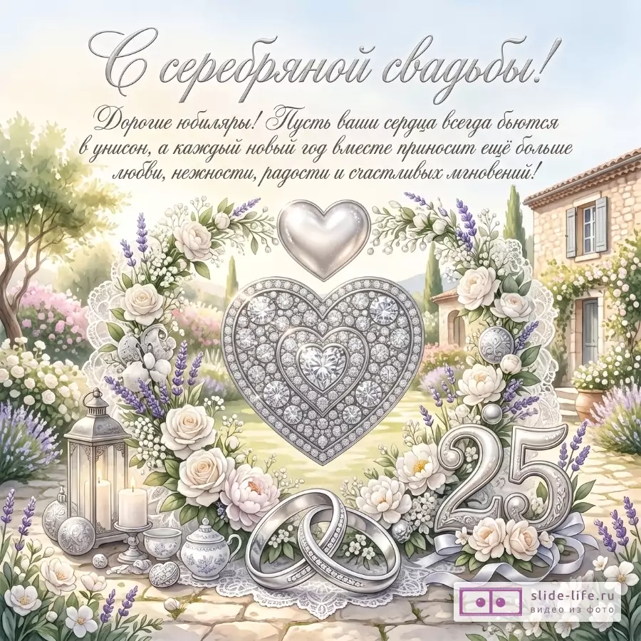 Светлый пастельный фон, сад, дом, серебряное сердце, кольца, цветы и «С серебряной свадьбой!»