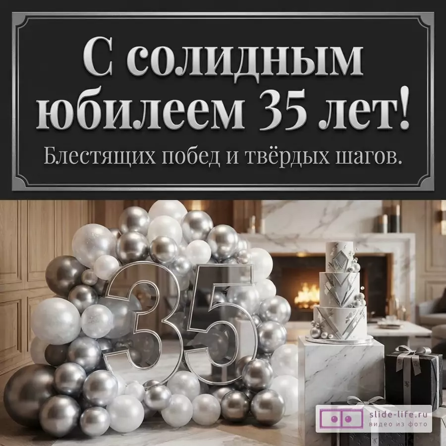 Объемная цифра 35 в окружении серебристых шаров, праздничный торт, подарки и надпись «С солидным юбилеем 35 лет! Блестящих побед и твёрдых шагов.»