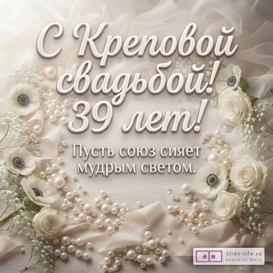 Бежевый фон, белые цветы, жемчуг, ленты. Текст: «С Креповой свадьбой! 39 лет! Пусть союз сияет мудрым светом.»