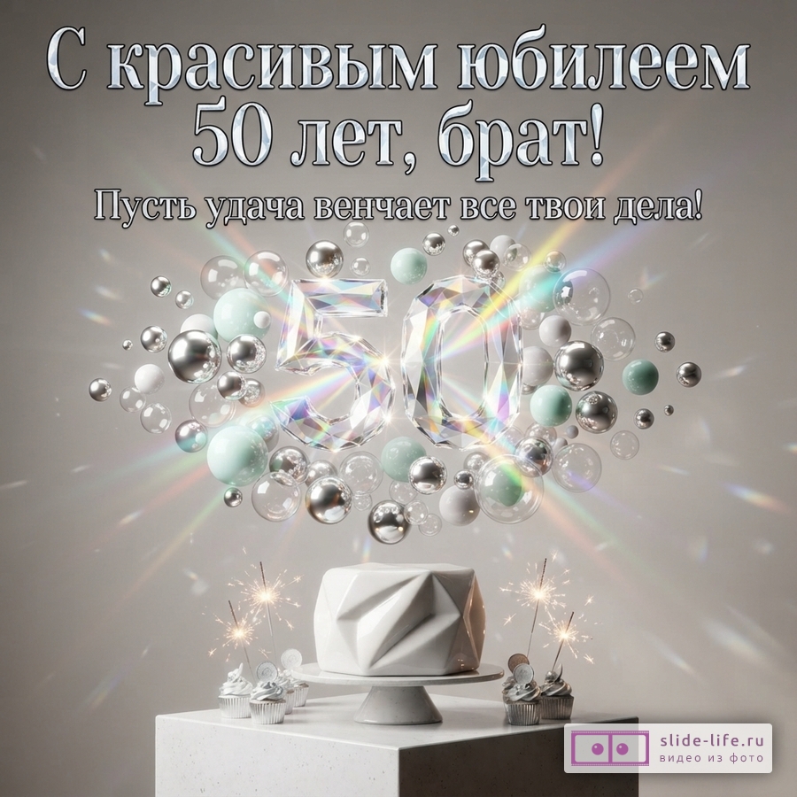 Серый фон, сверху текст «С красивым юбилеем 50 лет, брат! Пусть удача венчает все твои дела!», по центру объемные цифры 50 из стекла, вокруг них серебряные и мятные шары, снизу белый торт и кексы с бенгальскими огнями.