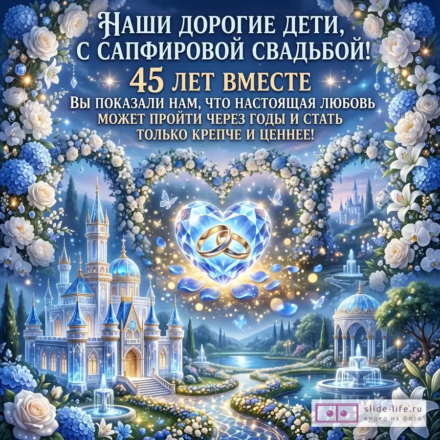 Синяя открытка с бело-голубыми цветами, замком и сердцем с кольцами. Текст: «Наши дорогие дети, с сапфировой свадьбой! 45 лет вместе»