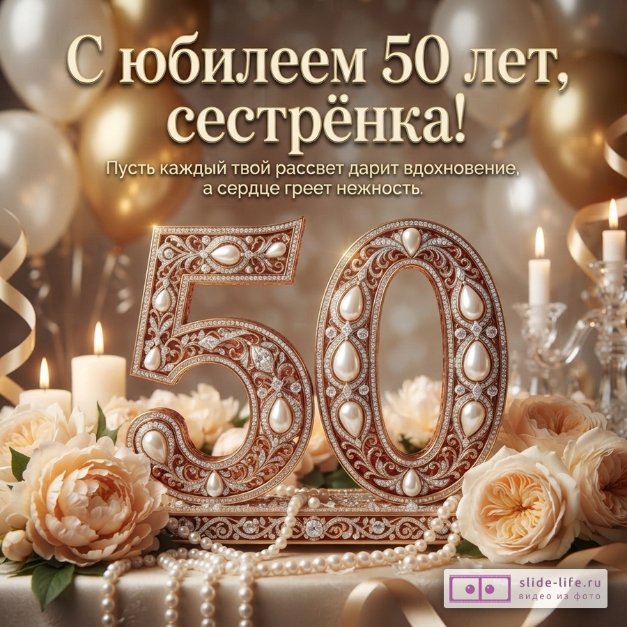 Фон бежевый, золотистый. Воздушные шары, свечи, цветы, бусы из жемчуга. Цифры «50» украшены жемчугом и стразами. Надпись: «С юбилеем 50 лет, сестрёнка! Пусть каждый твой рассвет дарит вдохновение, а сердце греет нежность.»