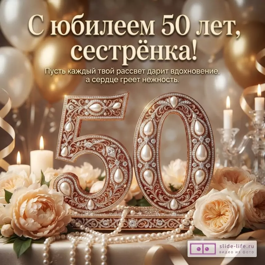 Фон бежевый, золотистый. Воздушные шары, свечи, цветы, бусы из жемчуга. Цифры «50» украшены жемчугом и стразами. Надпись: «С юбилеем 50 лет, сестрёнка! Пусть каждый твой рассвет дарит вдохновение, а сердце греет нежность.»
