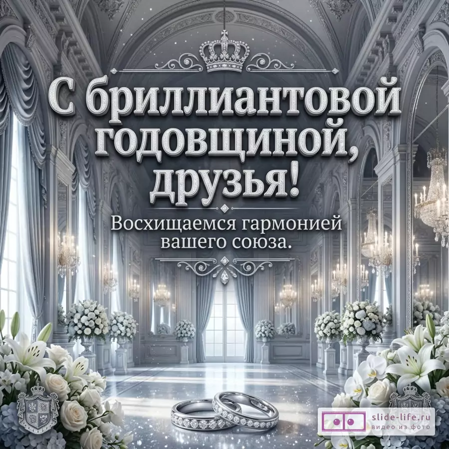 Светло-серый интерьер дворцового зала с люстрами, высокими окнами, белыми цветами и крупной надписью «С бриллиантовым юбилеем, друзья! Восхищаемся гармонией вашего союза.»