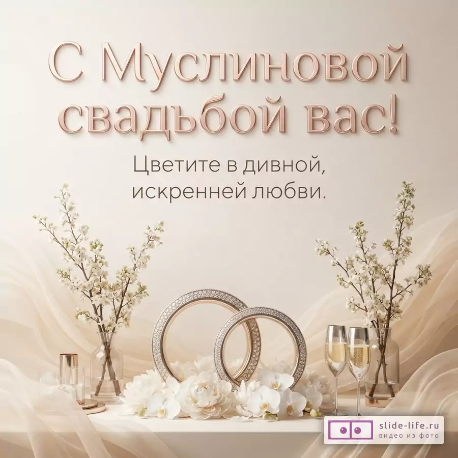 Открытка бежевого цвета с золотыми буквами, обручальными кольцами, белыми цветами и бокалами шампанского. Текст: «С Муслиновой свадьбой вас! Цветите в дивной, искренней любви.»