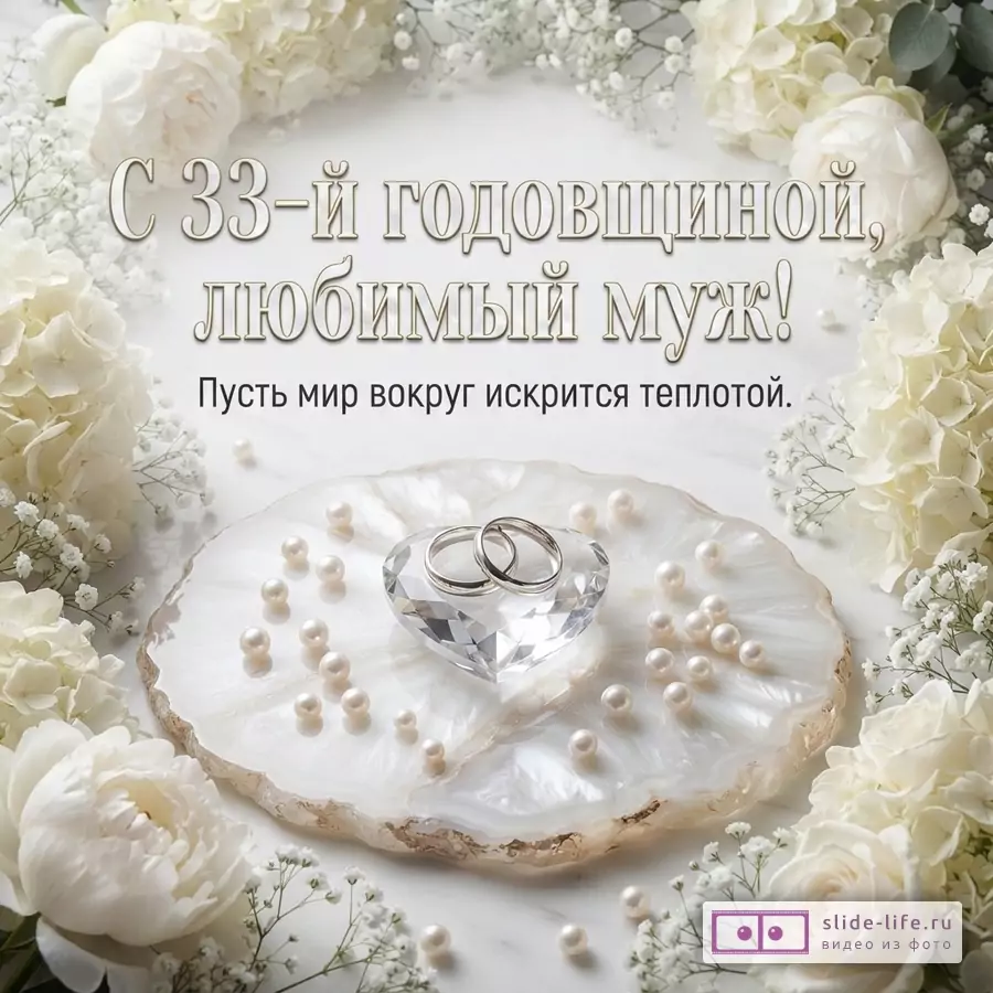 Белый фон, белые цветы, жемчуг, два обручальных кольца на стеклянном сердце. Текст: «С 33-й годовщиной, любимый муж! Пусть мир вокруг искрится теплотой.»