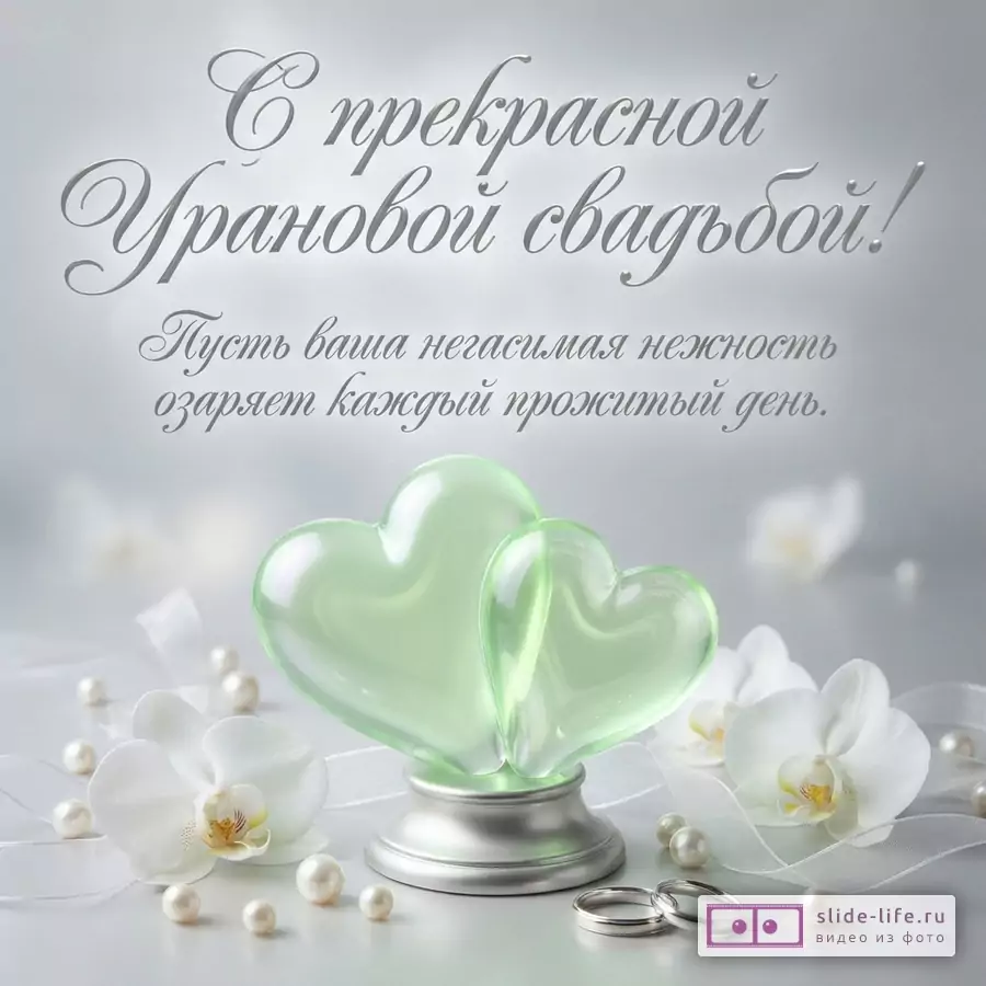 Серый фон, два зеленых стеклянных сердца, белые орхидеи, жемчужины, два обручальных кольца. Текст: «С прекрасной Урановой свадьбой! Пусть ваша негасимая нежность озаряет каждый прожитый день.»
