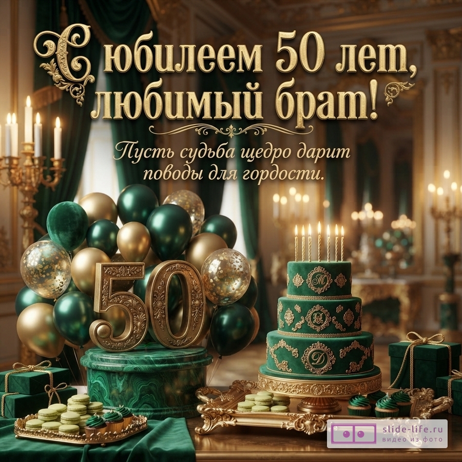Открытка с юбилеем 50 лет брату. На фоне роскошного интерьера золотые буквы «С юбилеем 50 лет, любимый брат!» и «Пусть судьба щедро дарит поводы для гордости.». Зеленый торт с золотым декором, свечи, шары золотого и зеленого цвета, цифры «50», макаруны.