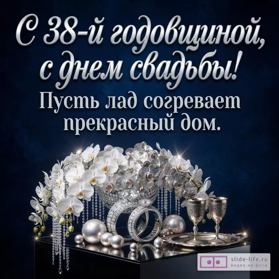 Темно-синий фон. В центре композиция из белых и серебристых орхидей, серебряных колец, жемчужин и бокалов. Сверху надпись серебристым шрифтом: «С 38-й годовщиной, с днем свадьбы! Пусть лад согревает прекрасный дом.»