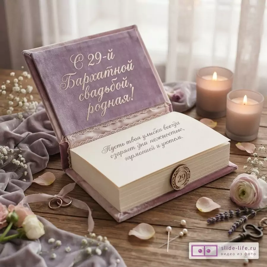 Открытая бархатная книга сиреневого цвета с надписью «С 29-й Бархатной свадьбой, родная! Пусть твоя улыбка всегда озаряет дни нежностью, гармонией и уютом.» на деревянном фоне со свечами и цветами.