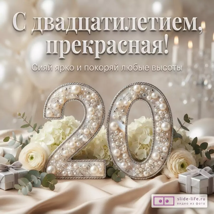 Объемная цифра 20 из жемчуга и страз среди белых цветов, подарков и свечей с текстом «С двадцатилетием, прекрасная! Сияй ярко и покоряй любые высоты».