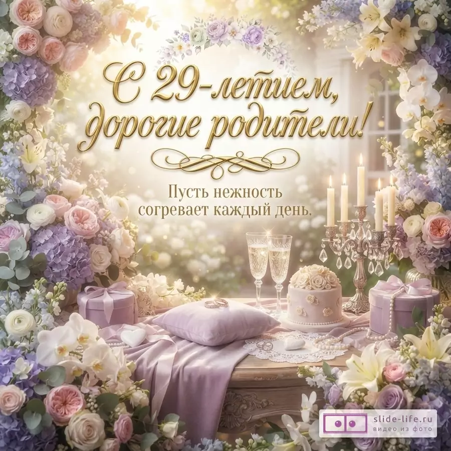 Открытка с золотыми буквами на светлом фоне, окруженная цветами сиреневых, розовых и белых оттенков. Внизу столик с двумя бокалами шампанского, тортом, подушечкой с кольцами и подарками. Текст: «С 29-летием, дорогие родители! Пусть нежность согревает каждый день.»