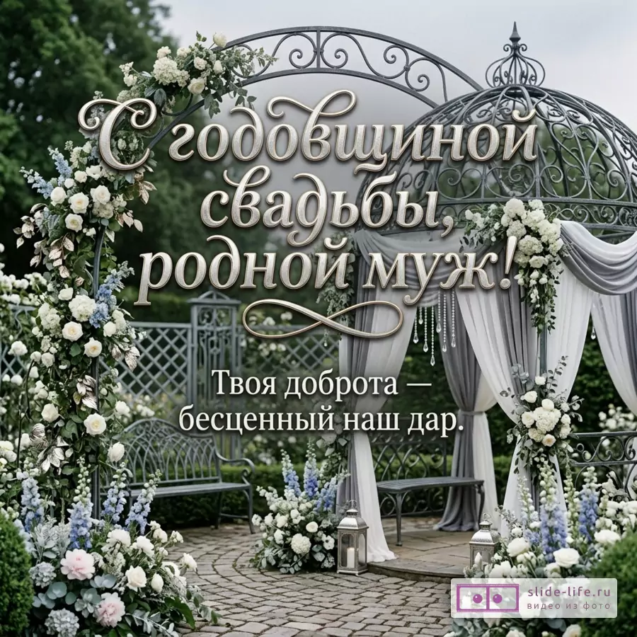Садовая свадебная арка и беседка с белыми цветами и серыми драпировками на фоне зелени, текст «С годовщиной свадьбы, родной муж! Твоя доброта — бесценный наш дар.»