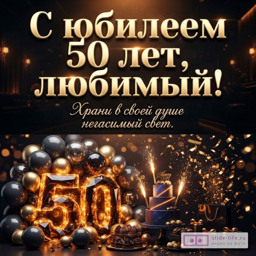 Черный фон, золотые буквы. Надпись «С юбилеем 50 лет, любимый! Храни в своей душе негасимый свет.». Золотые шары, цифры 50, торт, конфетти.