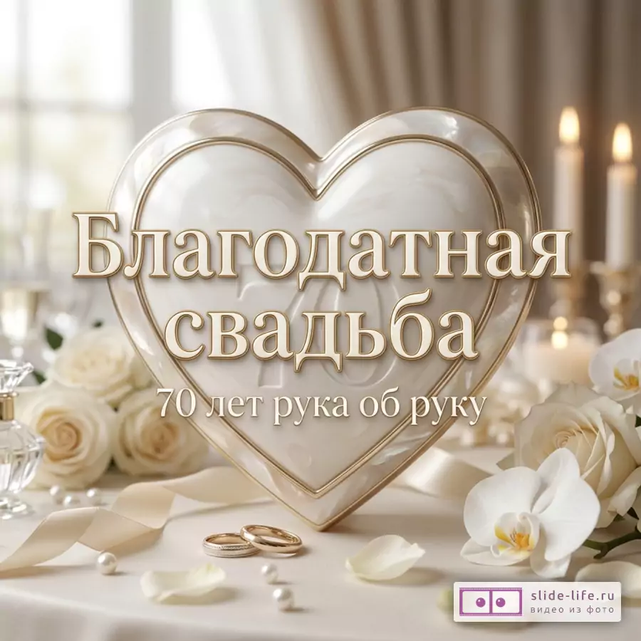 Белая и бежевая открытка с жемчужным сердцем, золотыми кольцами, белыми розами, орхидеей, свечами и текстом «Благодатная свадьба 70 лет рука об руку»