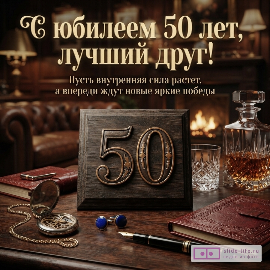 Открытка с юбилеем 50 лет другу на коричневом фоне, текст «С юбилеем 50 лет, лучший друг! Пусть внутренняя сила растет, а впереди ждут новые яркие победы»