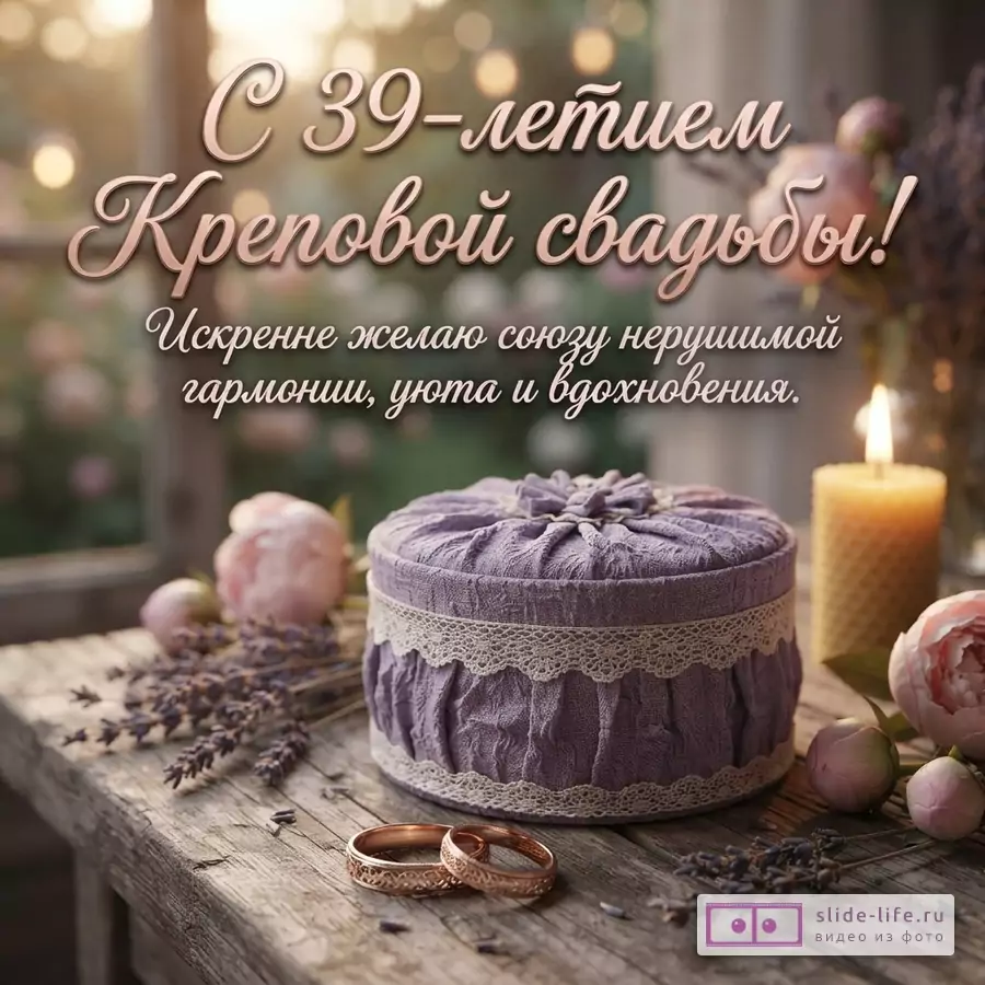 Открытка с Креповой свадьбой. Фон размытый, светлый, с окном. Текст розовый, объемный. Внизу фиолетовая шкатулка, два золотых кольца, лаванда, пионы, свеча. Текст: «С 39-летием Креповой свадьбы! Искренне желаю союзу нерушимой гармонии, уюта и вдохновения.»