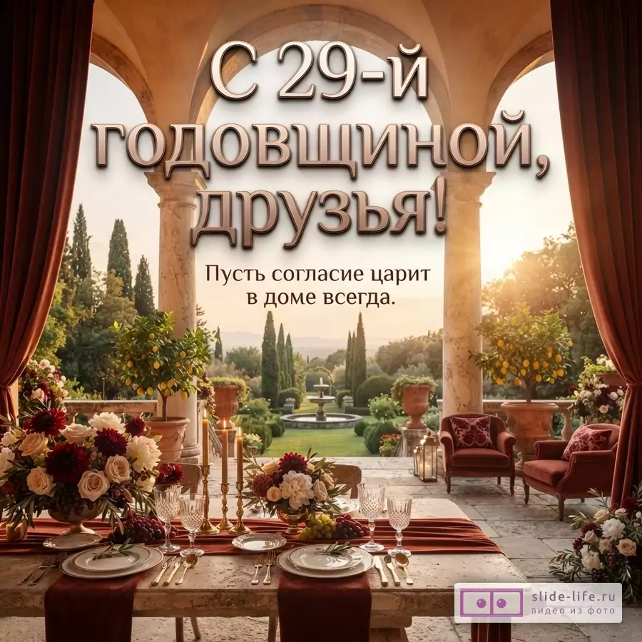 Открытка с видом на террасу и сад, на столе сервировка, цветы, фрукты. Текст: «С 29-й годовщиной, друзья! Пусть согласие царит в доме всегда.»