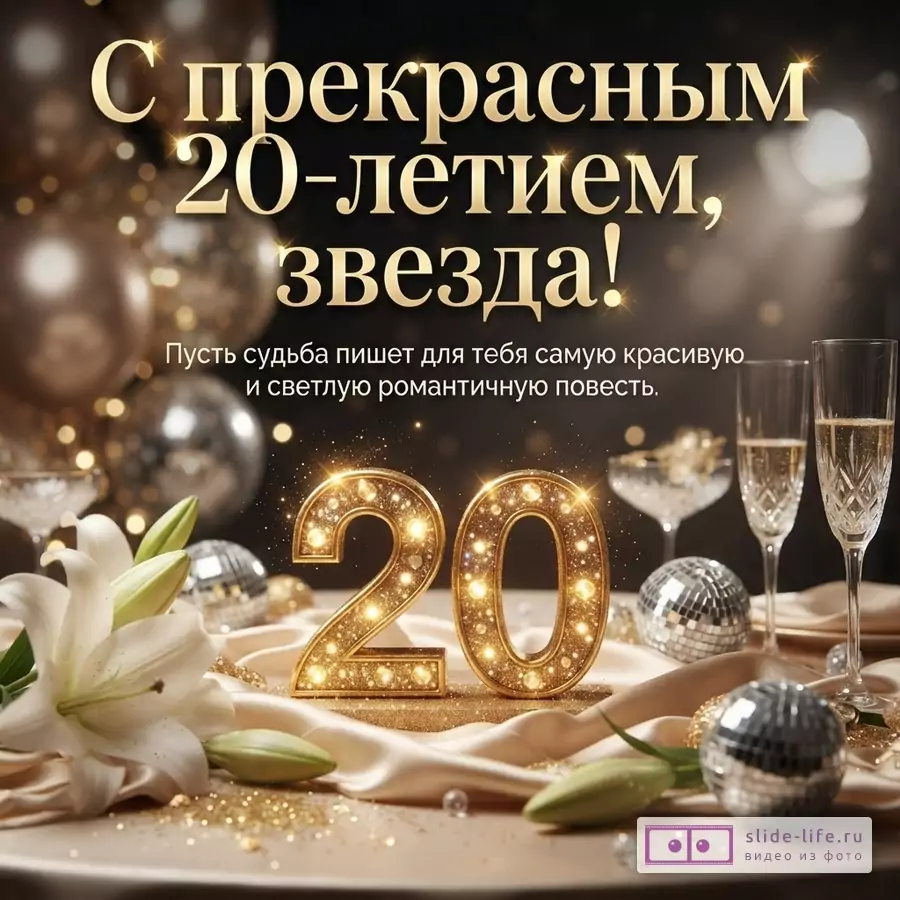 Праздничная открытка с золотыми цифрами 20, белыми цветами, бокалами и текстом «С прекрасным 20-летием, звезда! Пусть судьба пишет для тебя самую красивую и светлую романтичную повесть.»