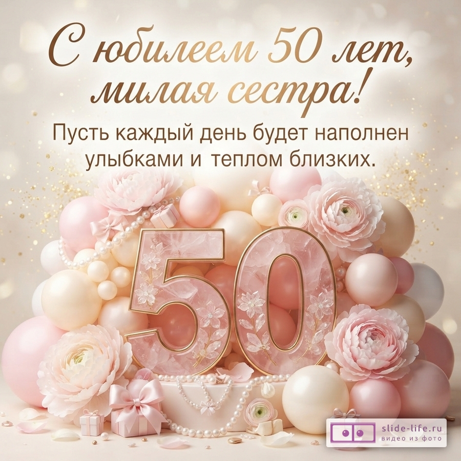 Открытка с бежевым фоном, розовыми и белыми шарами, цветами и бусинами. В центре крупные розовые цифры «50». Текст: «С юбилеем 50 лет, милая сестра! Пусть каждый день будет наполнен улыбками и теплом близких.»