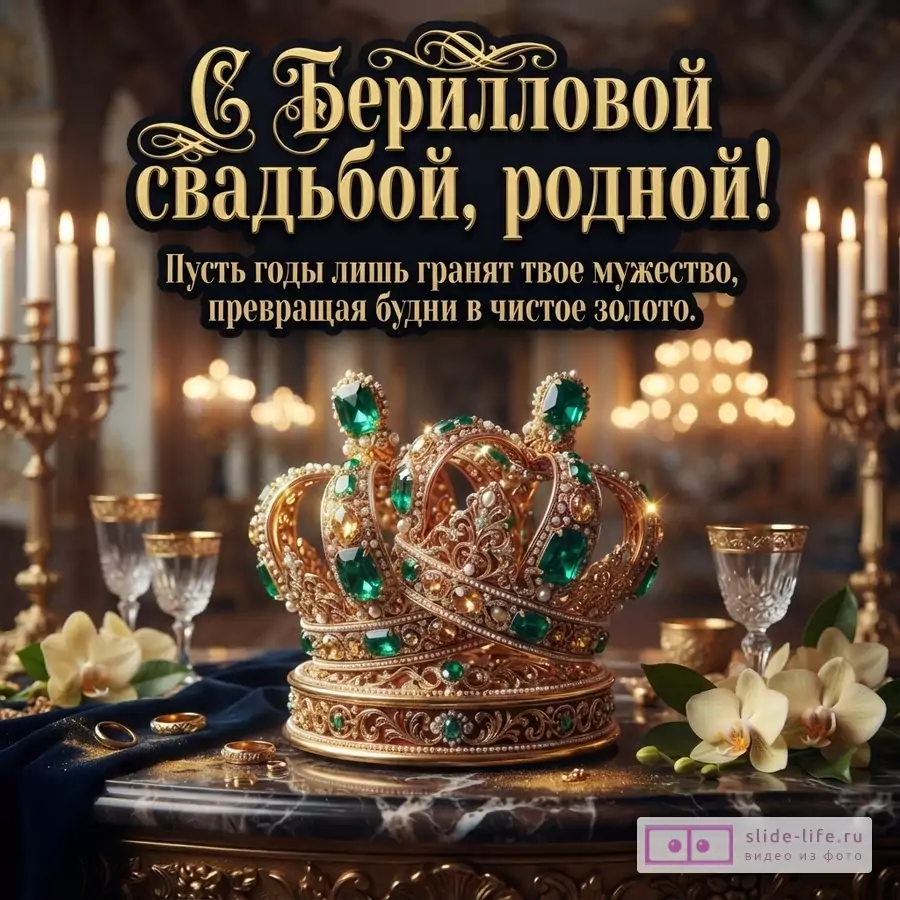 Золотая корона с зелеными бериллами на мраморном столе со свечами, кольцами и надписью «С Берилловой свадьбой, родной! Пусть годы лишь гранят твое мужество, превращая будни в чистое золото.»