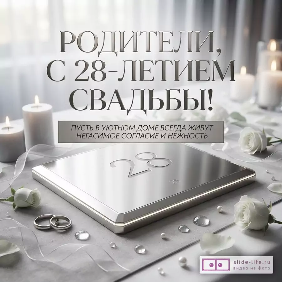 Открытка с белым фоном, свечами, белыми розами и кольцами. На открытке текст: «РОДИТЕЛИ, С 28-ЛЕТИЕМ СВАДЬБЫ! Пусть в уютном доме всегда живут негасимое согласие и нежность»