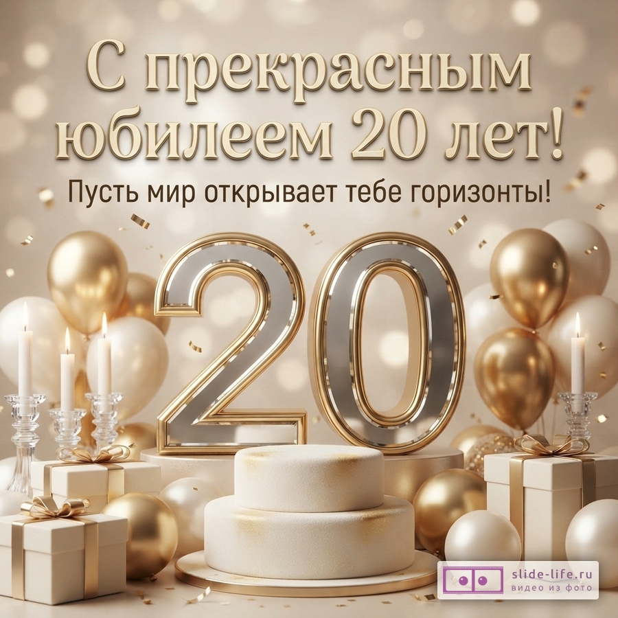 Открытка с юбилеем 20 лет на бежевом фоне с золотыми шарами, подарками, свечами и тортом. Текст «С прекрасным юбилеем 20 лет! Пусть мир открывает тебе горизонты!»