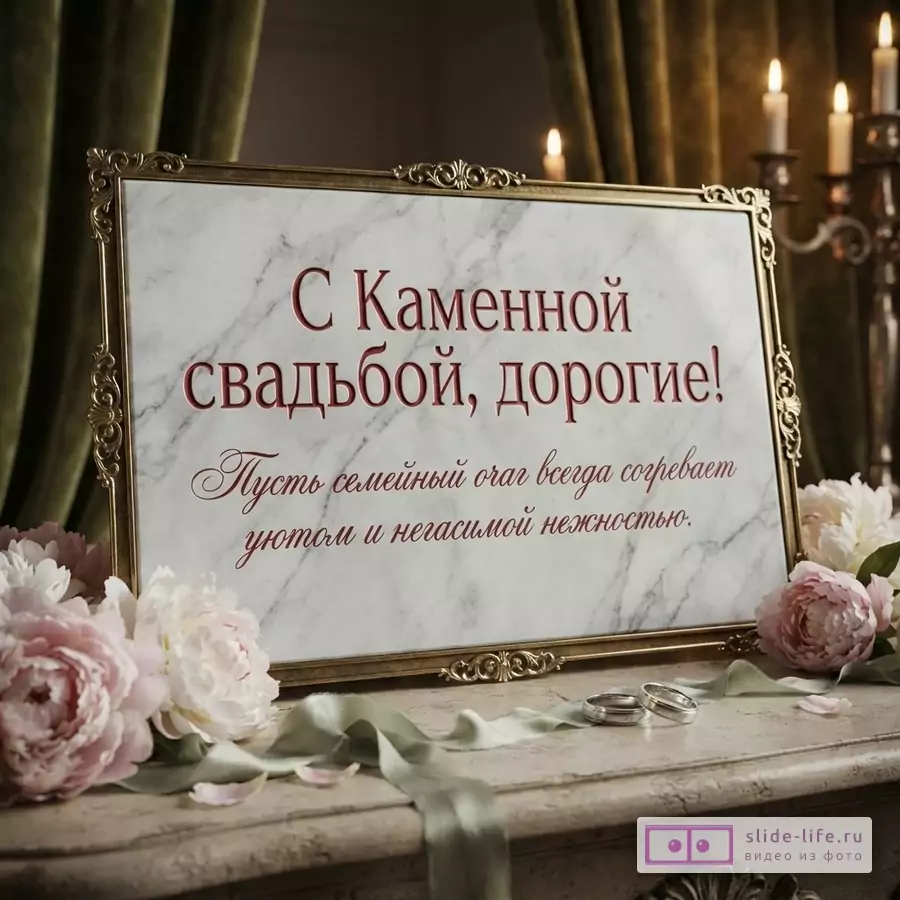 Рамка с текстом на мраморном фоне, золотая окантовка, розовые пионы, зеленые ленты, обручальные кольца, свечи. Текст: «С Каменной свадьбой, дорогие! Пусть семейный очаг всегда согревает уютом и негасимой нежностью.»