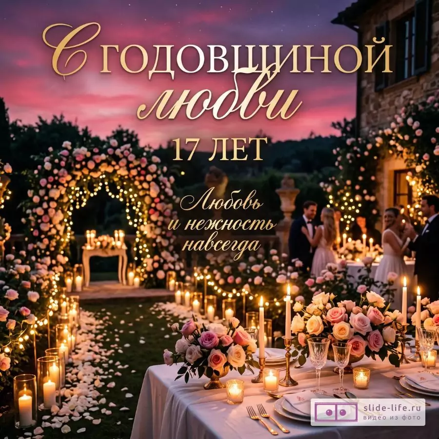 Розово-фиолетовый закатный фон, свадебная площадка с аркой из роз, свечами, сервированным столом и парами гостей. Текст: «С годовщиной любви 17 лет Любовь и нежность навсегда»