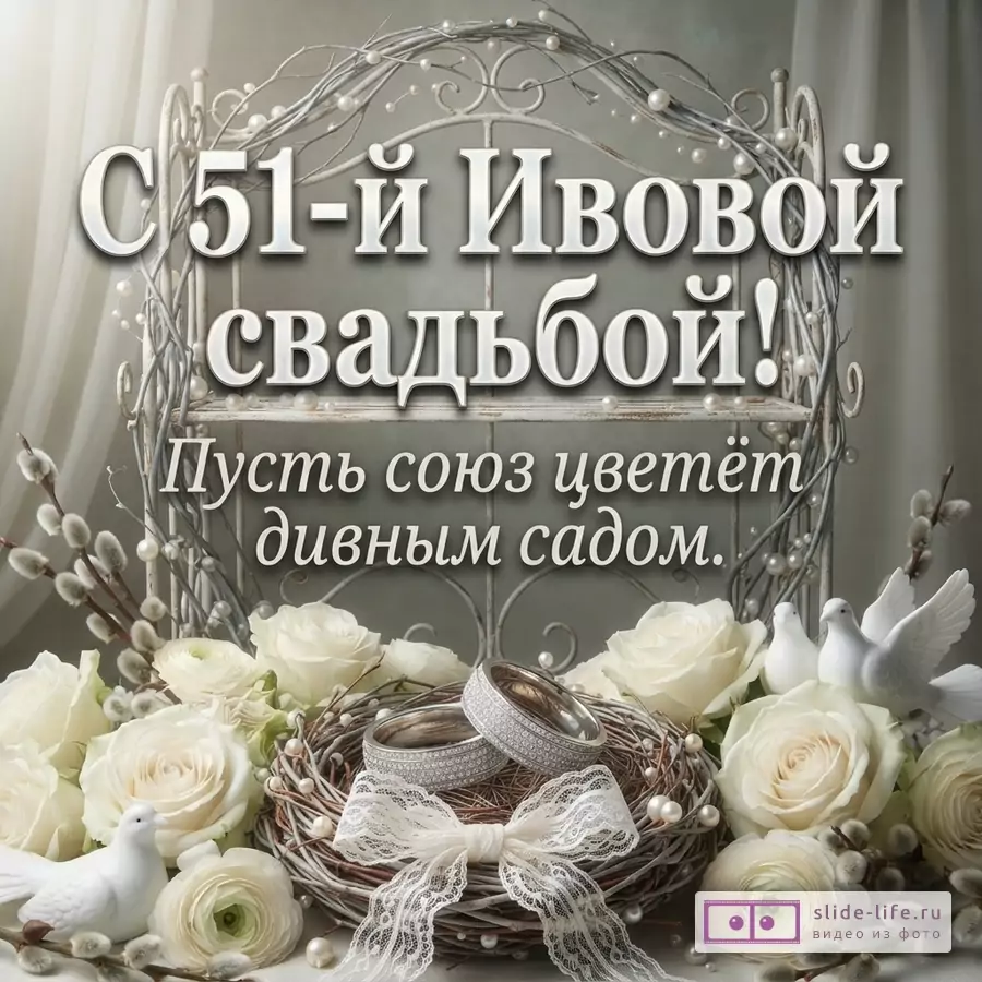 Серая открытка с белым декоративным венком, цветами, лентой, кольцами и белыми голубями. Текст «С 51-й Ивовой свадьбой! Пусть союз цветёт дивным садом.»