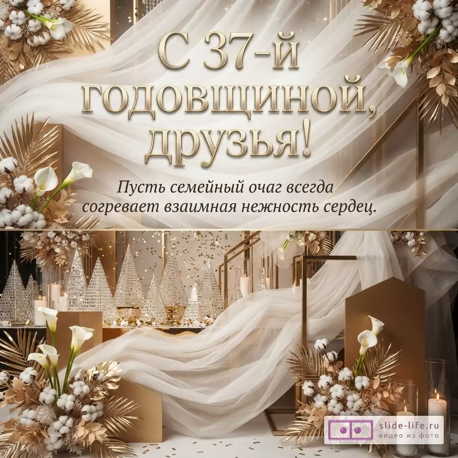 Бежевый фон, золотые листья, белые каллы, хлопок. Текст «С 37-й ГОДОВЩИНОЙ, друзья! Пусть семейный очаг всегда согревает взаимная нежность сердец.»