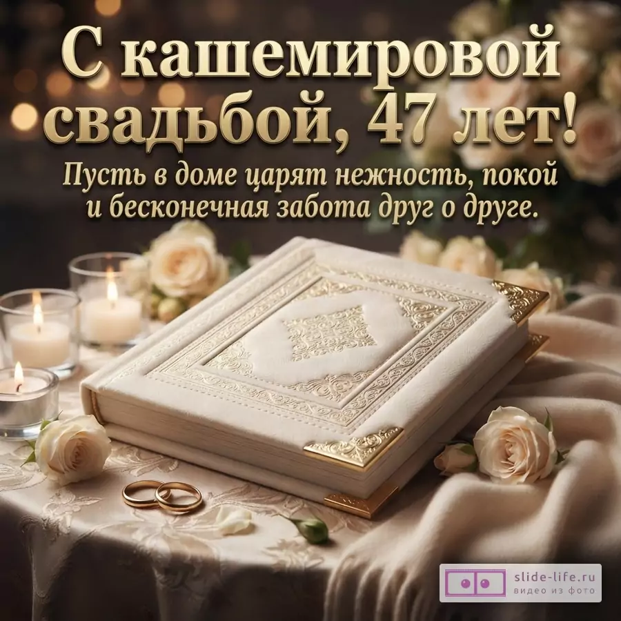 Фон темный, размытые огоньки. В центре стола бежевая книга с золотыми уголками, рядом два обручальных кольца, белые розы, свечи. Текст: «С кашемировой свадьбой, 47 лет! Пусть в доме царят нежность, покой и бесконечная забота друг о друге.»