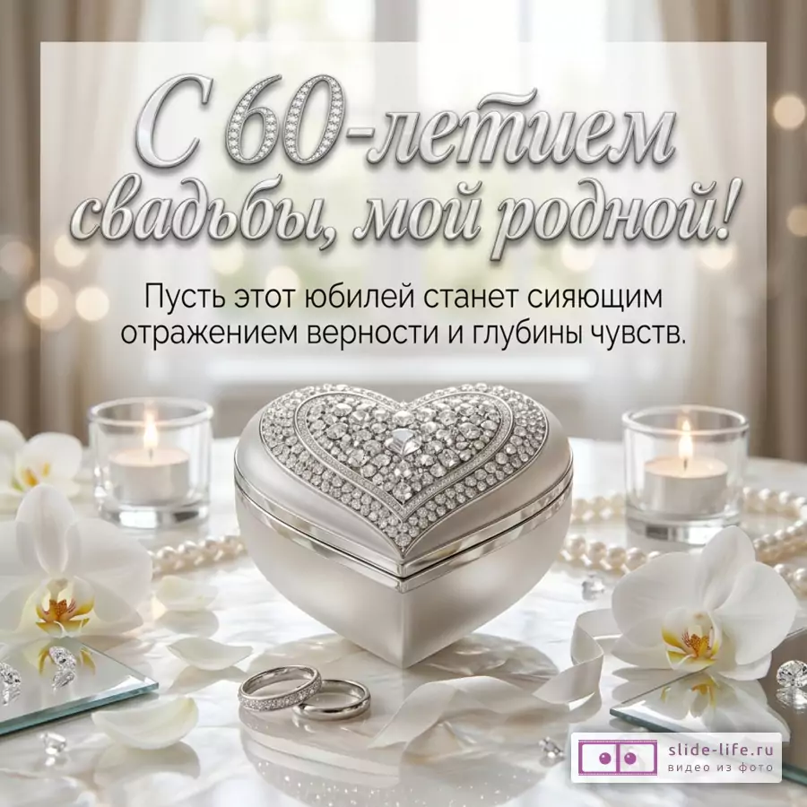 Светлый бежево-белый фон, серебристая шкатулка в форме сердца с камнями, свечи в стеклянных подсвечниках, белые орхидеи, кольца, жемчуг, текст «С 60-летием свадьбы, мой родной! Пусть этот юбилей станет сияющим отражением верности и глубины чувств.»