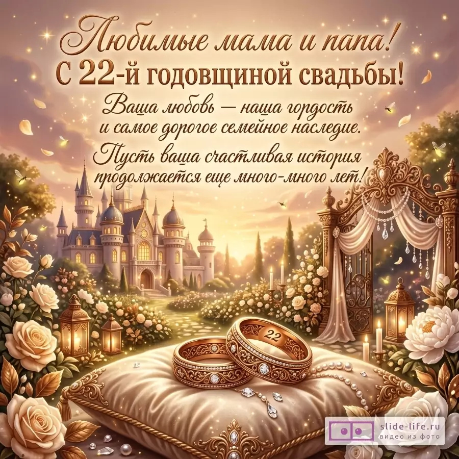 Розово-золотой фон, замок, цветы, свечи, подушки с двумя кольцами «22», текст «Любимые мама и папа! С 22-й годовщиной свадьбы! Ваша любовь — наша гордость и самое дорогое семейное наследие. Пусть ваша счастливая история продолжается еще много-много лет!»