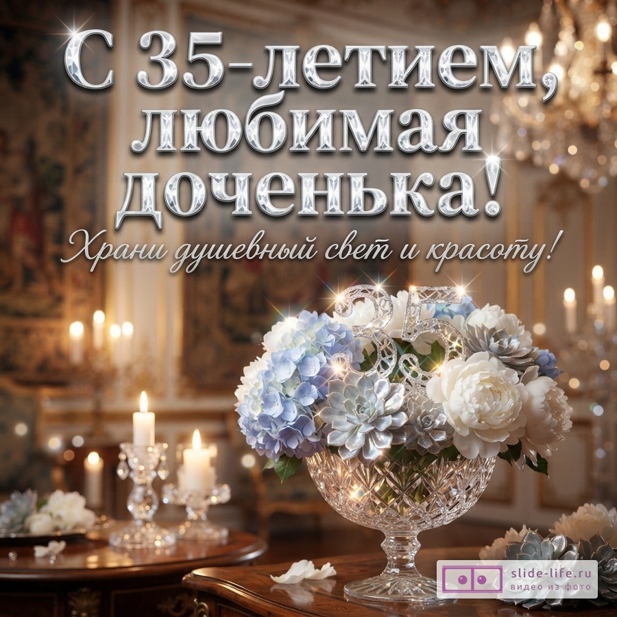 Хрустальная ваза с цветами и цифрой 35 на фоне классического интерьера с надписью «С 35-летием, любимая доченька! Храни душевный свет и красоту!»
