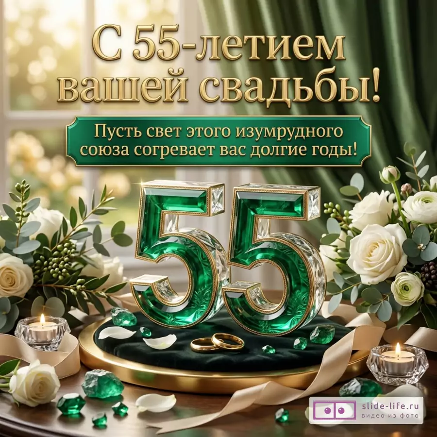 Открытка с текстом «С 55-летием вашей свадьбы! Пусть свет этого изумрудного союза согревает вас долгие годы впереди.» зеленые цифры 55, золотая подставка, кольца, белые розы, свечи, зеленые кристаллы, бежевый фон