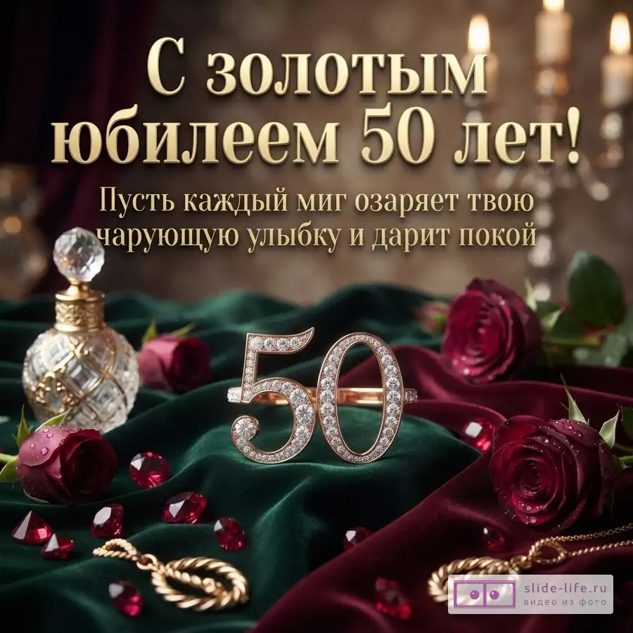 Открытка с золотым текстом «С золотым юбилеем 50 лет! Пусть каждый миг озаряет твою чарующую улыбку и дарит покой» на фоне бархата изумрудного и бордового цвета, с красными розами, флаконом духов, золотыми украшениями и цифрой 50 из бриллиантов.