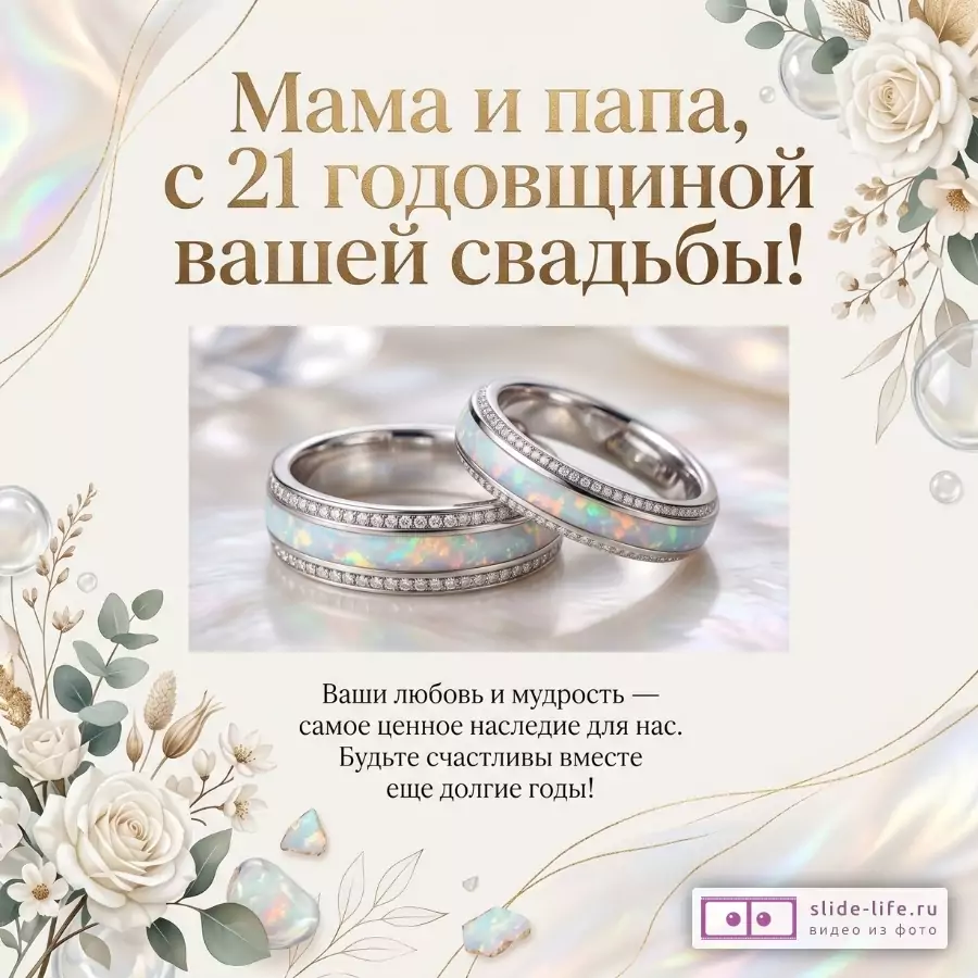 Кремовый фон, белые розы, сухоцветы, опаловые кольца. Текст: «Мама и папа, с 21 годовщиной вашей свадьбы!»