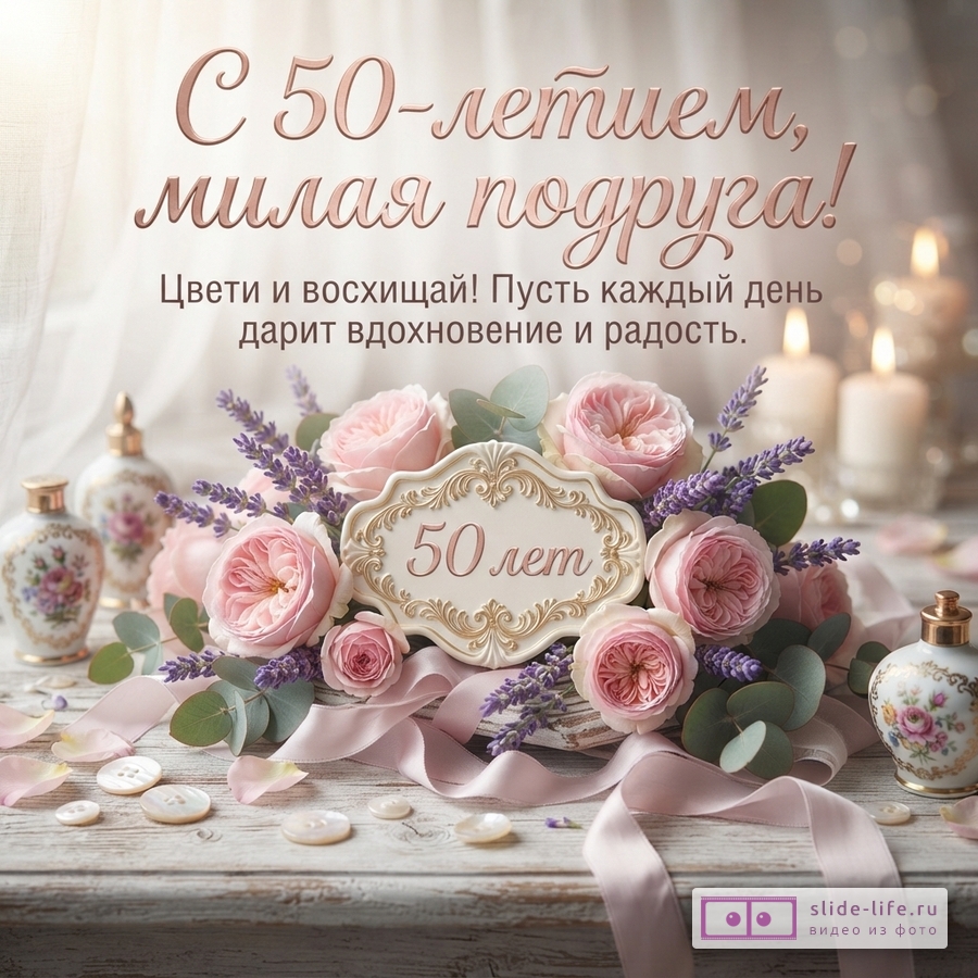 Открытка с бежевым фоном, розовыми розами, сиреневой лавандой и зелеными листьями. В центре композиции белая рамка с надписью «50 лет». Текст сверху: «С 50-летием, милая подруга! Цвети и восхищай! Пусть каждый день дарит вдохновение и радость.»