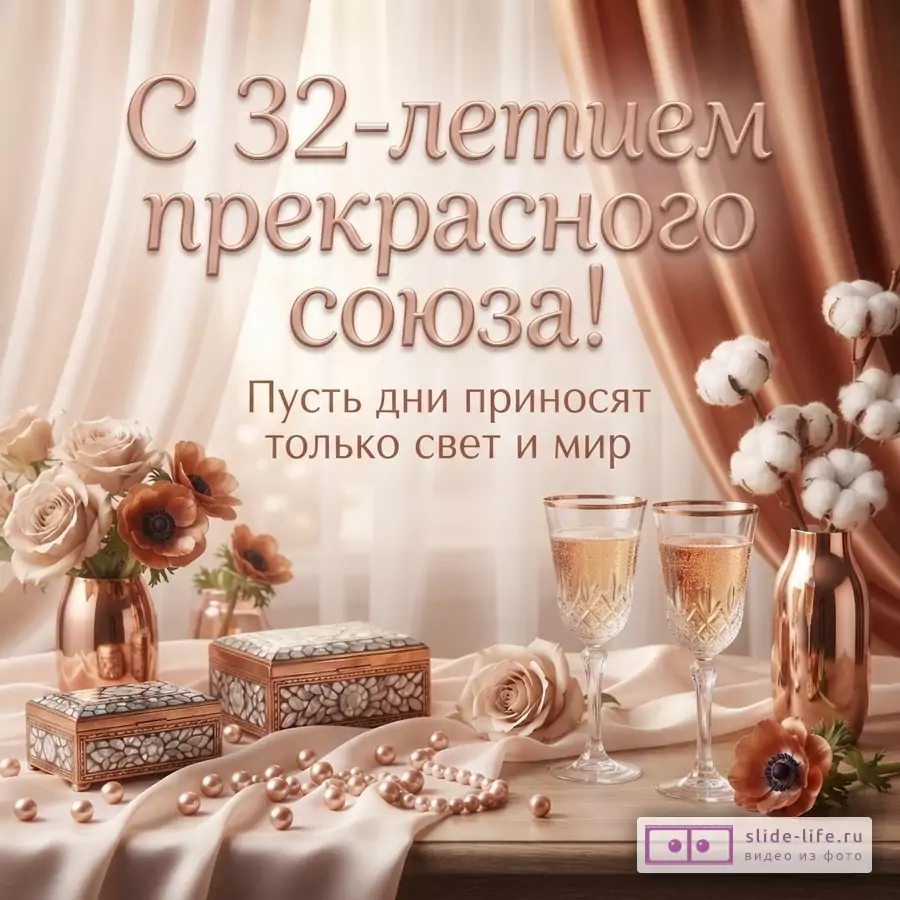 Открытка с бежевыми шторами на фоне, на переднем плане стол с бежевой тканью, две шкатулки, бусы, две вазы с цветами, две вазы с хлопком, два бокала с шампанским. Текст: «С 32-летием прекрасного союза! Пусть дни приносят только свет и мир.»