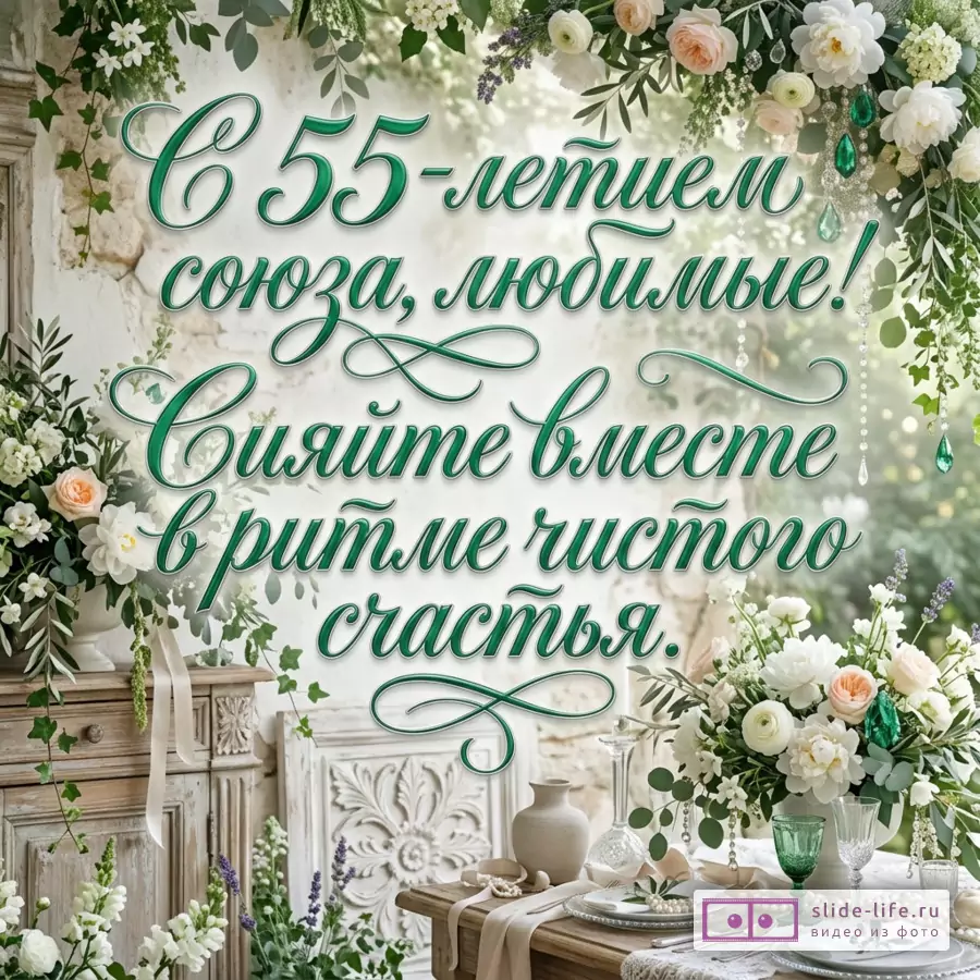Светлая открытка в бело-зеленых тонах, цветочные композиции, розы, пионы, зелень, изумрудные подвески, сервировка стола, текст «С 55-летием союза, любимые! Сияйте вместе в ритме чистого счастья.»