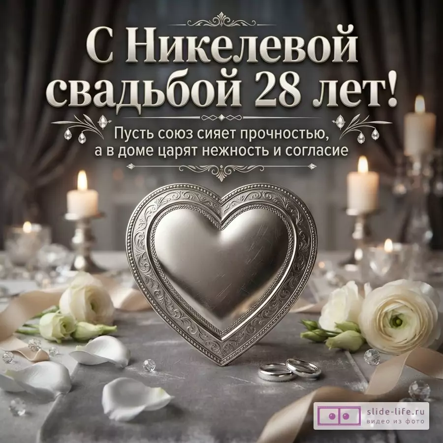 Открытка с никелевым сердцем, обручальными кольцами, свечами и цветами на сером фоне. Текст: «С Никелевой свадьбой 28 лет! Пусть союз сияет прочностью, а в доме царят нежность и согласие»