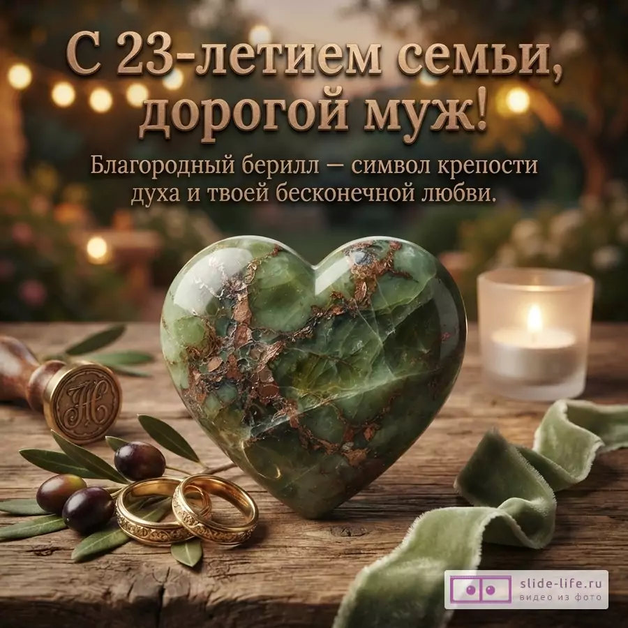 Зеленое каменное сердце, обручальные кольца и свеча на деревянном столе с надписью «С 23-летием семьи, дорогой муж! Благородный берилл — символ крепости духа и твоей бесконечной любви.»
