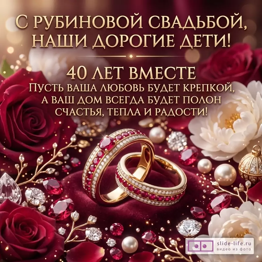 Бордово-золотой фон, красные и белые цветы, рубиновые камни, обручальные кольца с камнями. «С РУБИНОВОЙ СВАДЬБОЙ, НАШИ ДОРОГИЕ ДЕТИ! 40 ЛЕТ ВМЕСТЕ»