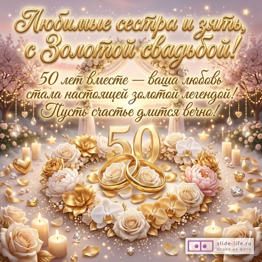 Пудрово-розовый и золотистый фон, цветы, свечи, кольца и число 50. Текст: «Любимые сестра и зять, с Золотой свадьбой! 50 лет вместе — ваша любовь стала настоящей золотой легендой! Пусть счастье длится вечно!»