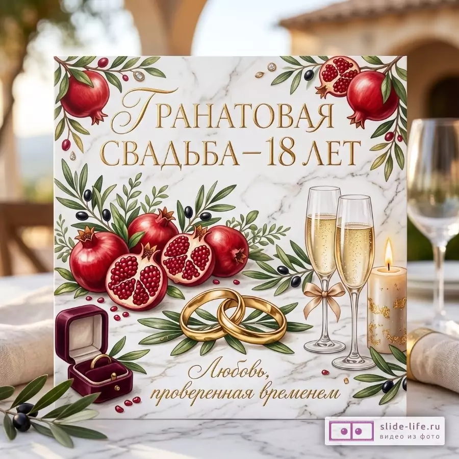 Белый мраморный фон, золотой текст «ГРАНАТОВАЯ СВАДЬБА—18 ЛЕТ» и «Любовь, проверенная временем», гранаты, зелёные ветви, два кольца, коробочка с кольцом, бокалы, свеча.