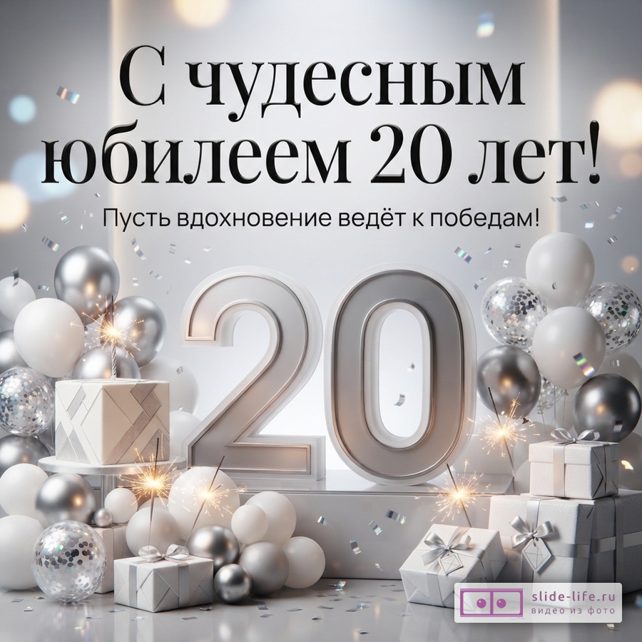 Светлый праздничный фон, крупная надпись «С чудесным юбилеем 20 лет! Пусть вдохновение ведёт к победам!», объемная цифра 20, шары, подарки и конфетти.