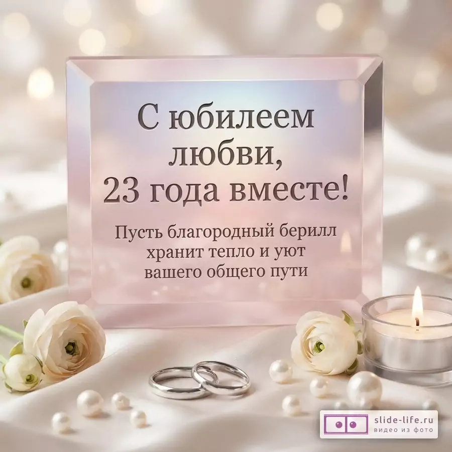 Розовая стеклянная плашка с надписью «С юбилеем любви, 23 года вместе! Пусть благородный берилл хранит тепло и уют вашего общего пути», кольца, свеча и жемчуг.